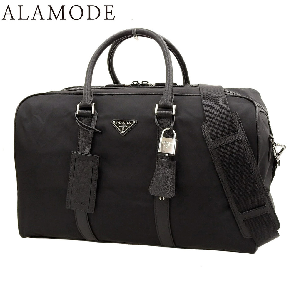Prada Plate Boston Bag Travel Saffiano Leather Shoulder Bag Black